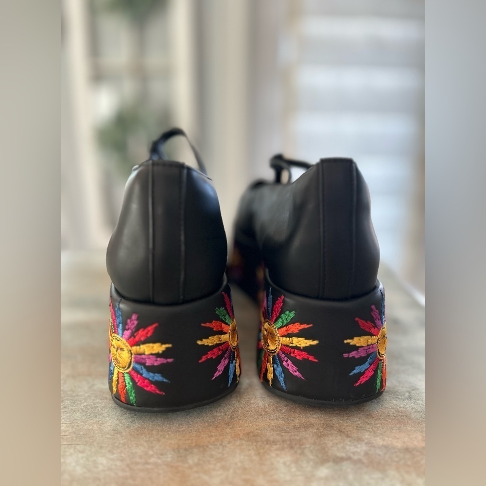 FARM Rio Black Platform Mary Janes with Multicolor Embroidered Sun Motif - Picture 4 of 8